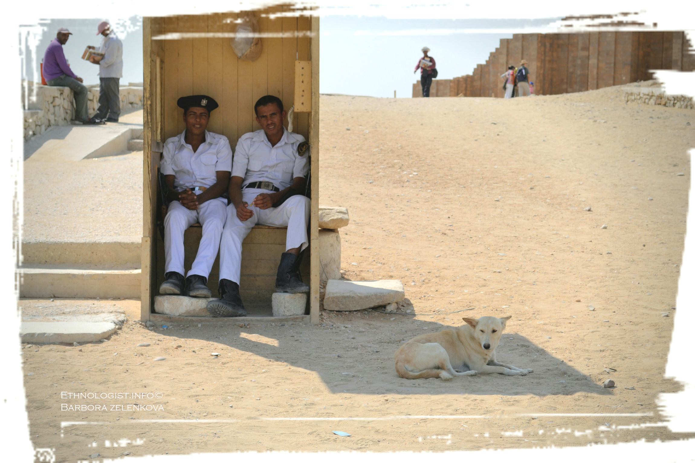 Foto: Barbora Zelenková Policisté v archeologické lokalitě Sakkára s pouštním psem. Foto: Barbora Zelenková, 2011.