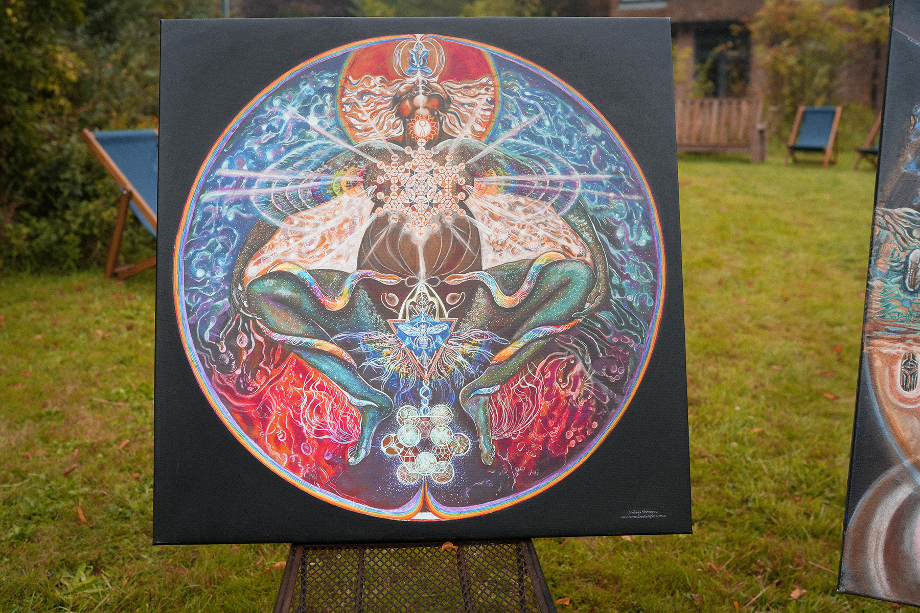 Photo: Barbora Zelenkova One of Melissa’s works, titled 'Cosmic Mother Birthing Rainbow Body into Form', is an example of a multilayered piece. It is painted with oil and egg tempera on a circular (and very heavy) board. For the outdoor photoshoot, we used one of her available large prints.