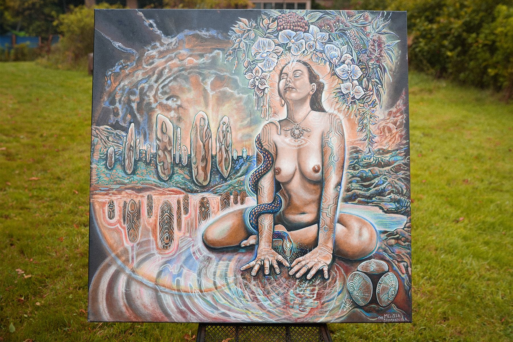 Photo: Barbora Zelenkova Ancestral Bloodline Magick and Honeybee Songline" was conceived in 2020 during the lockdown in Melbourne, Australia. Amidst the turmoil, Melissa sought to shield her innate earthly dreaming and crown chakra (corona) from the external chaos, reconnecting with the pure, inspired mythos of spirit and Earth. This piece serves to affirm her purpose and presence in this body at this pivotal time.